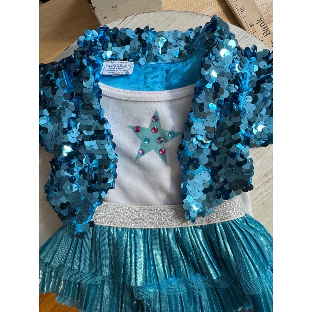 Build A Bear Workshop 2pc Teal Sequin Jacket Top Pleated Skirt Outfit BAB Set
